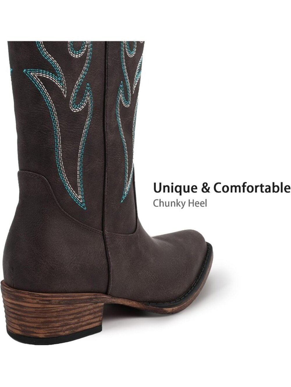 Women Dark Brown Mid Calf Cowgirl Boots with Embroidered Pointed Toe Chunky Heel - Picture 5 of 7